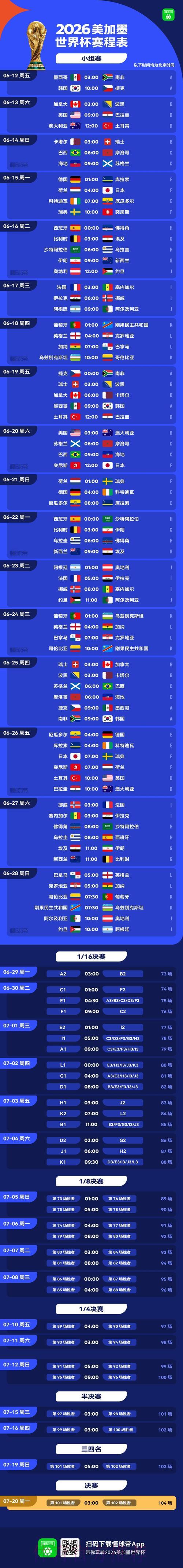2026年美加墨世界杯赛程时间正式公布 2026年美加墨世界杯赛程时间正式公布